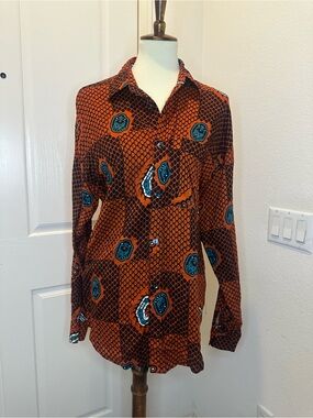 Men's Casual Button-Down Shirt in Rust Orange with Teal Accents